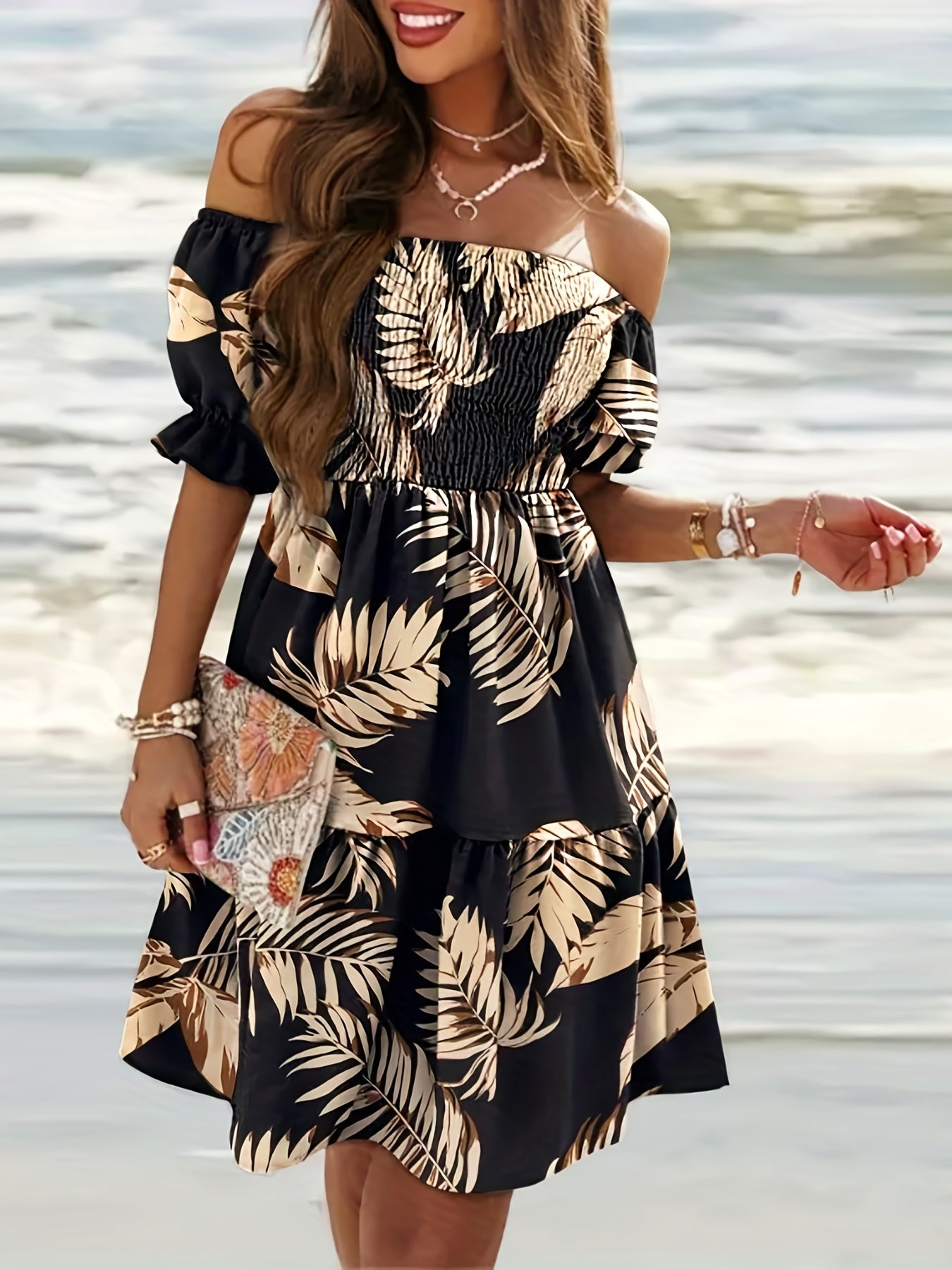 Tropical Print Off Shoulder Smock Dress