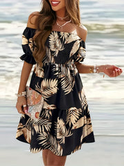 Tropical Print Off Shoulder Smock Dress