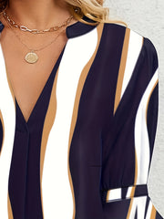 Colorblock Stripe Print Bell Sleeve Notched Neck Mini Dress