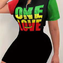 Plus Size Colorblock Letter Print Zip Up Casual Dress