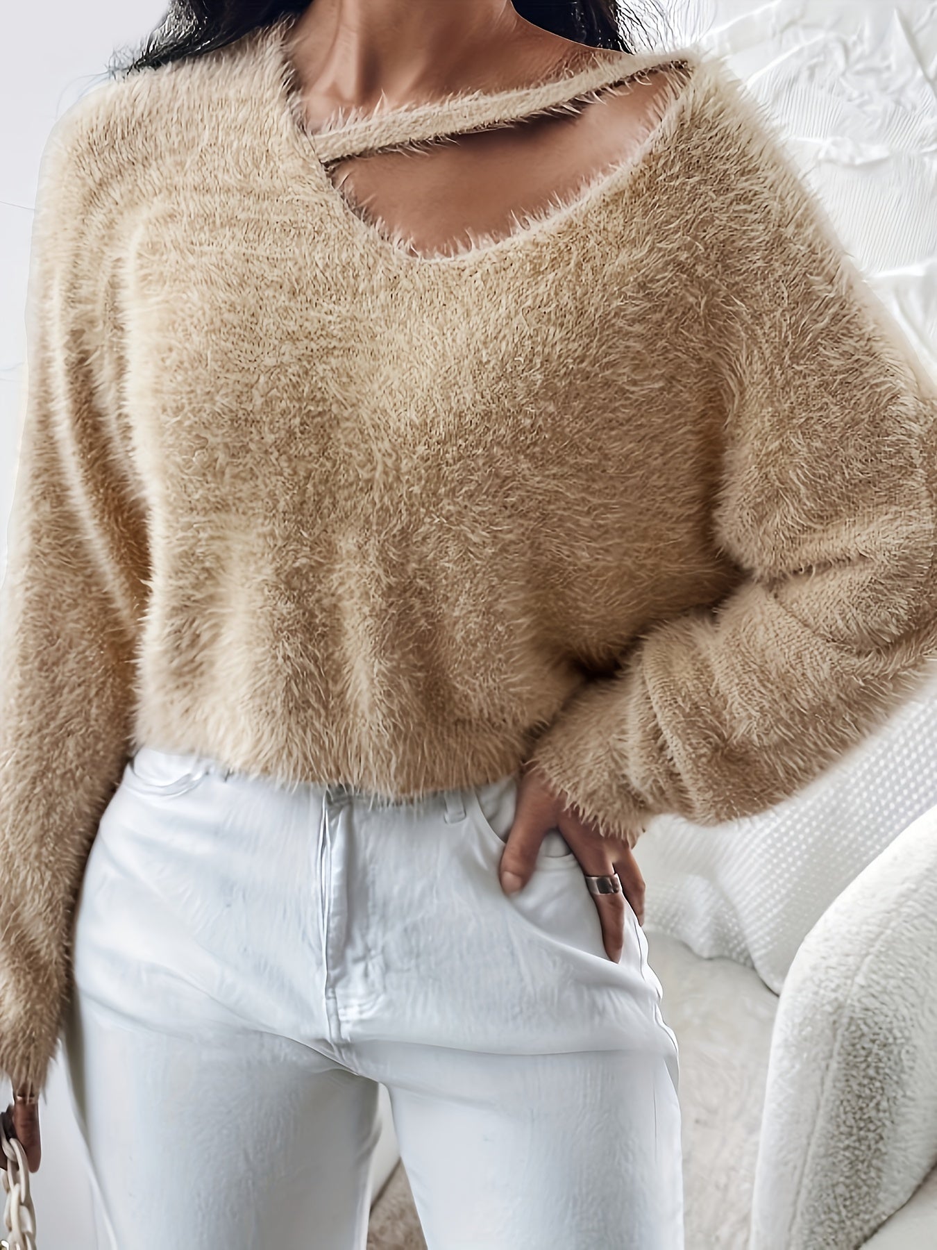 Casual Sweater Women's Plus Solid Eyelash Cut Out V Neck Jumper