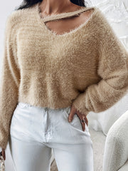 Casual Sweater Women's Plus Solid Eyelash Cut Out V Neck Jumper