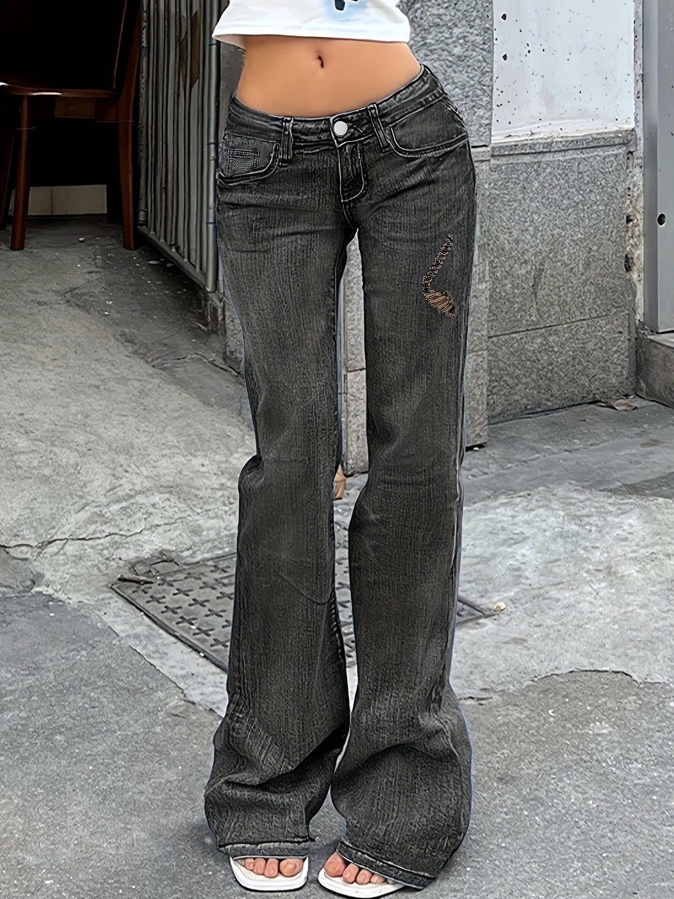 Dark Grey Ripped Holes Flared Jeans Bell Bottom Wide Legs Women's Denim Pants