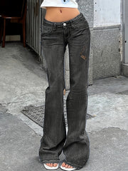 Dark Grey Ripped Holes Flared Jeans Bell Bottom Wide Legs Women's Denim Pants