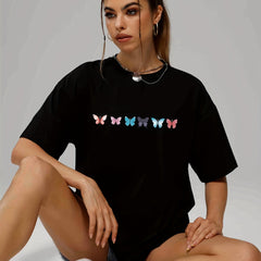 Butterfly Print Casual Sports T shirts Solid Crew Neck Hip hop Summer Tee