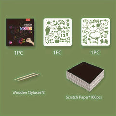 100pcs Scratch Art Paper Set With Wooden Pencil & Painting Template