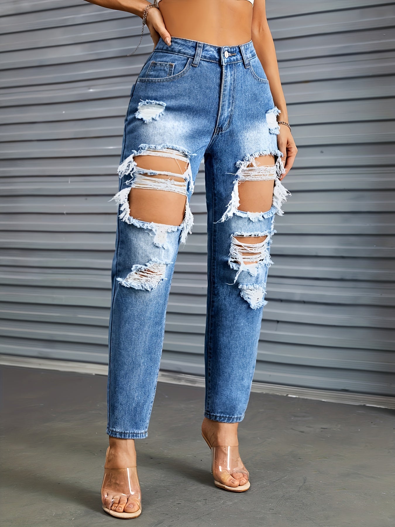 High Waist Distressed Straight Jeans