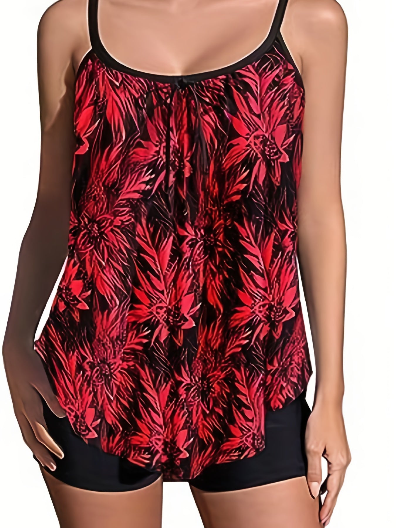 Floral Print Tankini Set Tie Front Cami Top & Shorts Swimsuit 2 Piece