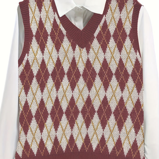 Preppy Knit Vest Women's Plus Argyle Print V Neck Knit Vest