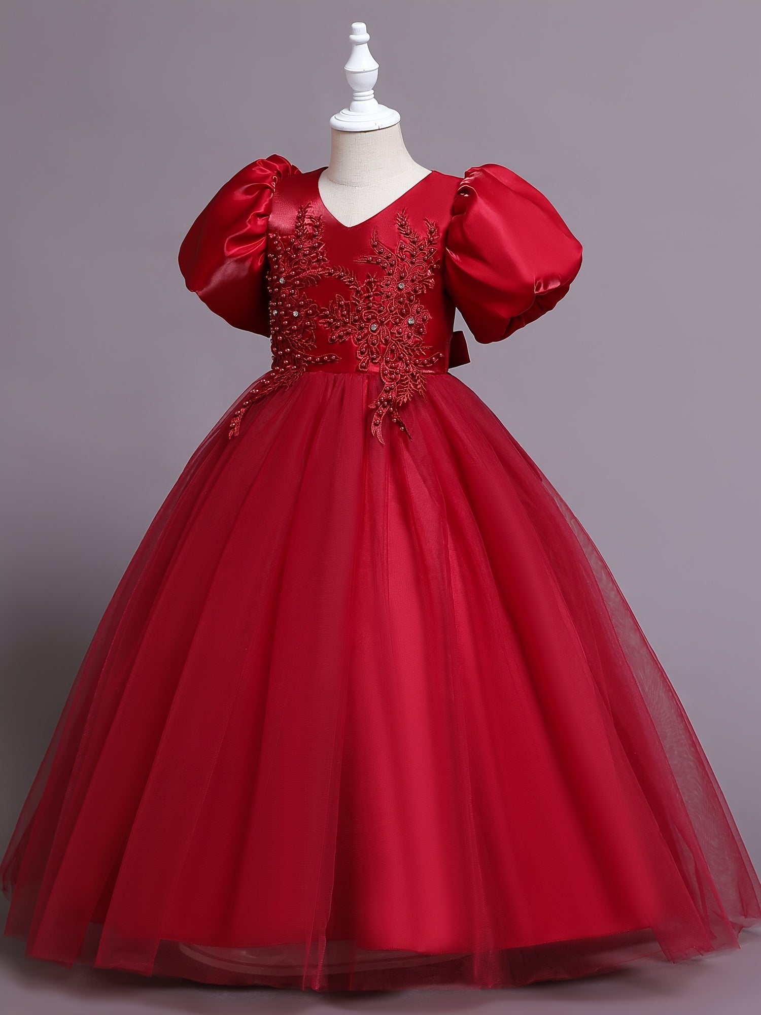 Girls Puff Sleeve Tulle Princess Dress Flower Embroidery Chinese Christmas Party