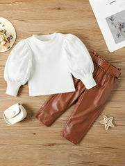 2pcs Baby Girls Ribbed Top & Leather Pants Set Kids Clothes