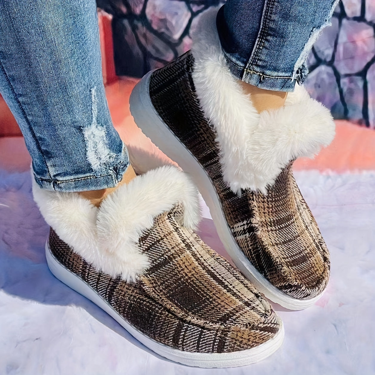 Large Checkered Printed Furry Snow Boots