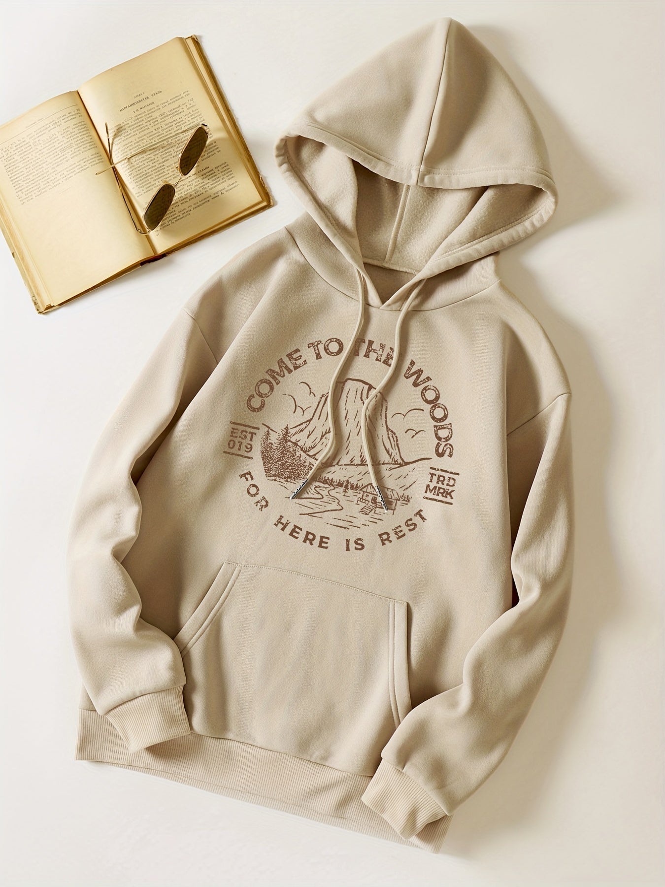 Scenes & Letter Ring Print Hooded Shirt Solid Long Sleeve Sweatshirt