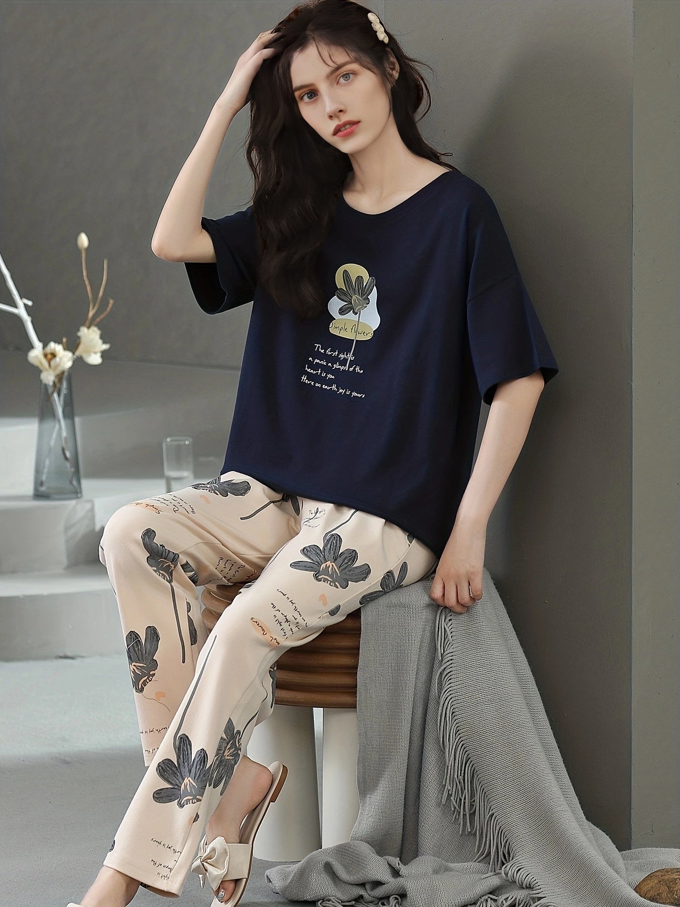 Floral Print Lounge Set Short Sleeve Top & Pants Women's Loungewear