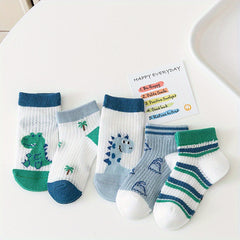 5 Pairs Boys Dino Short Crew Socks for Kids Toddlers