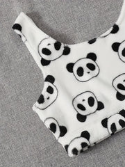 Flannel Panda Print Crop Tank Top & Shorts Pajama Set