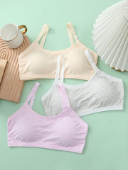 3pcs Girls Solid Bra Comfort Soft Lightweight Off the Shoulder Preppy Underwear
