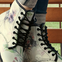 Skull & Floral Gothic Style Lace Up Ankle Boots