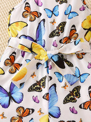 Toddler Girls Butterfly Graphic Belted Cami Rompers Wide Leg Jumpsuits