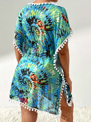 Tie Dye Pom Pom Trim Split Side Cover Up Dress Women's Swimwear