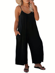 Casual Cami Jumpsuit Solid Round Neck Wide Leg With Pockets