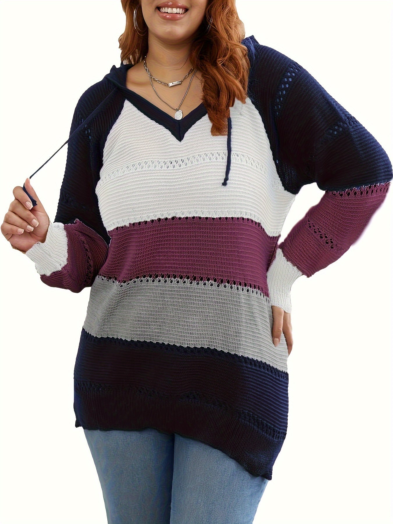 Colorblock Embroidered Hoodie Sweater Women's Plus