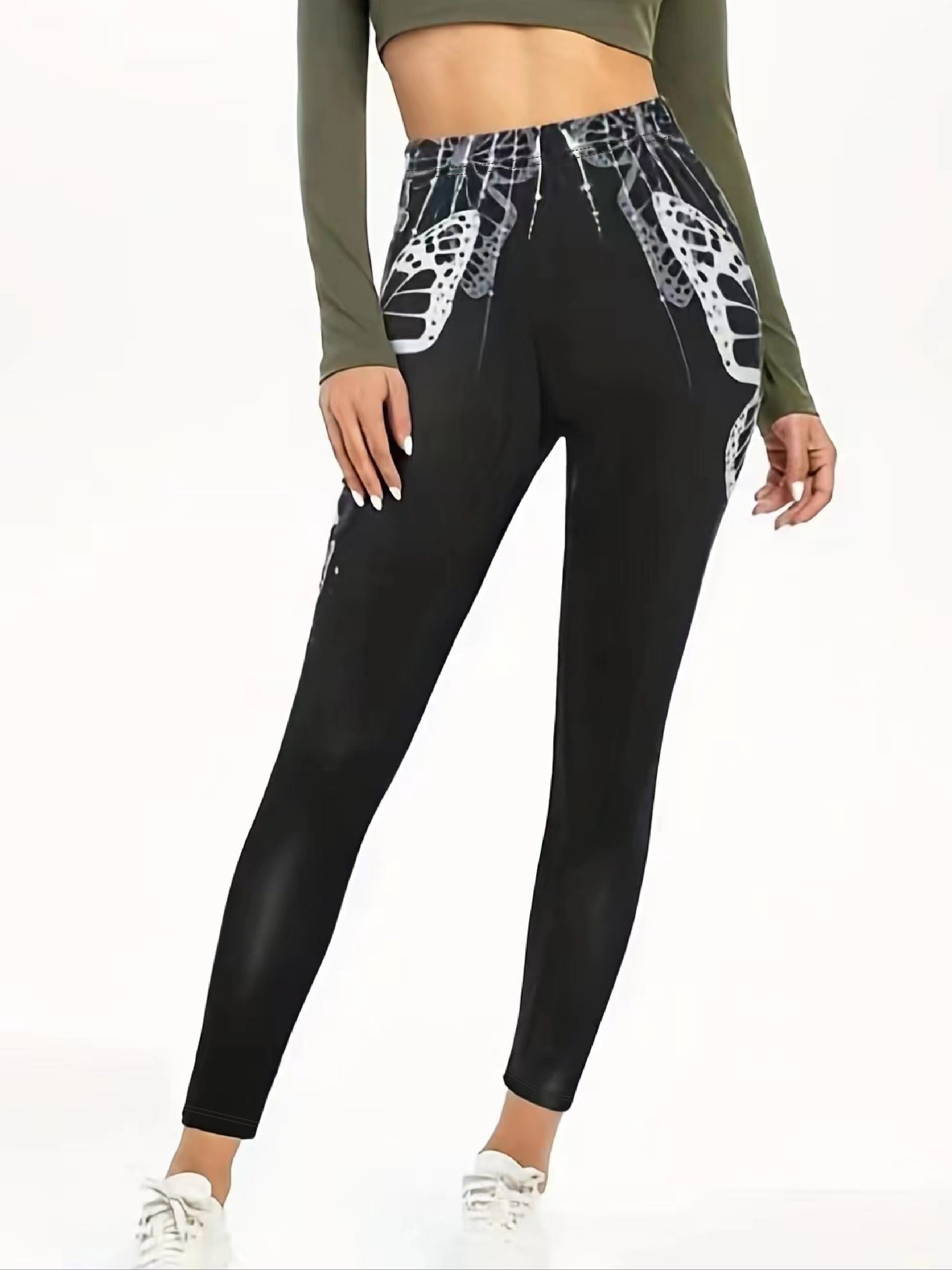 Halloween Goth Leggings Women's Plus Butterfly & Skull Print