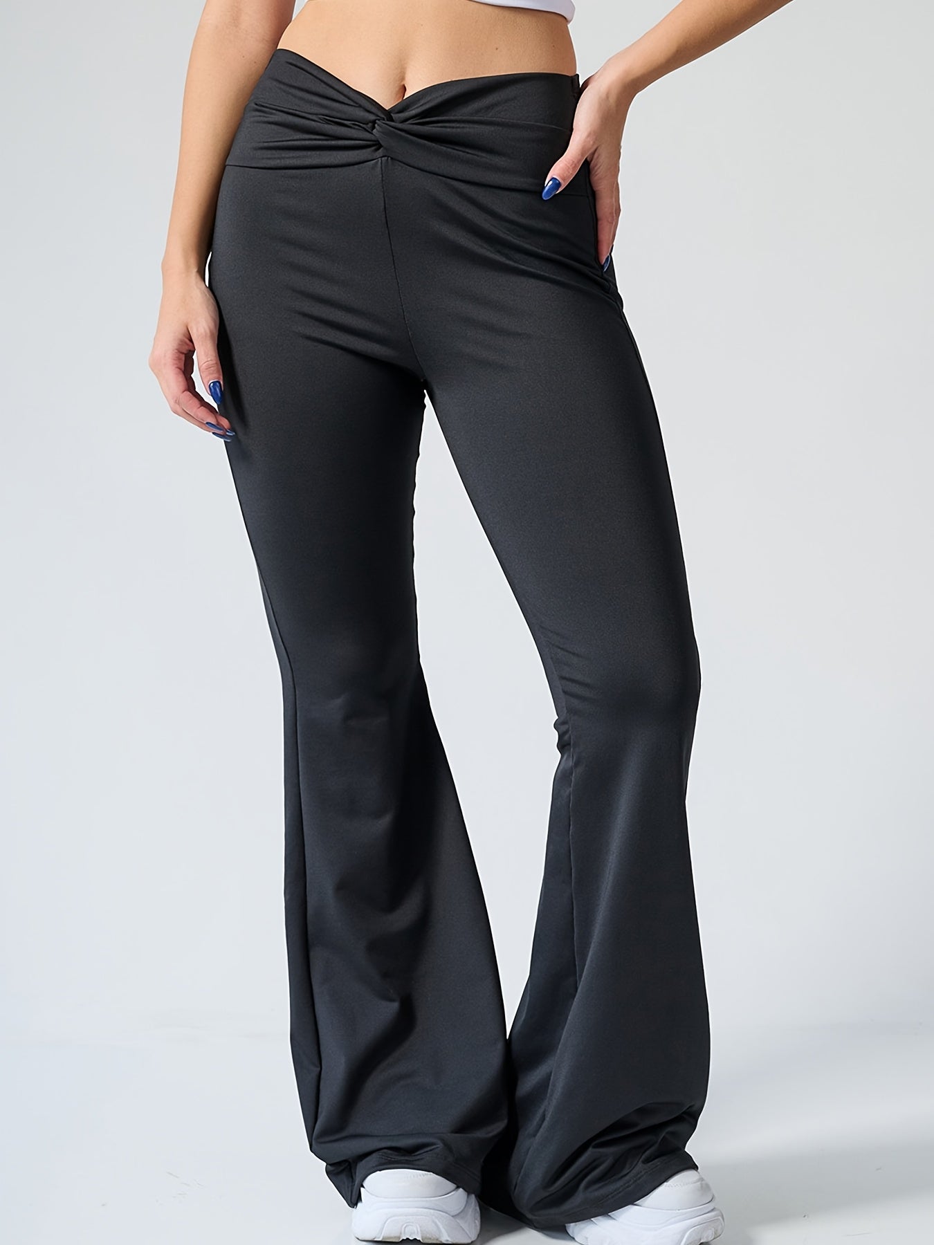 Ruched Waist Flare Leg Pants Solid Casual Workout Running Flared Leggings