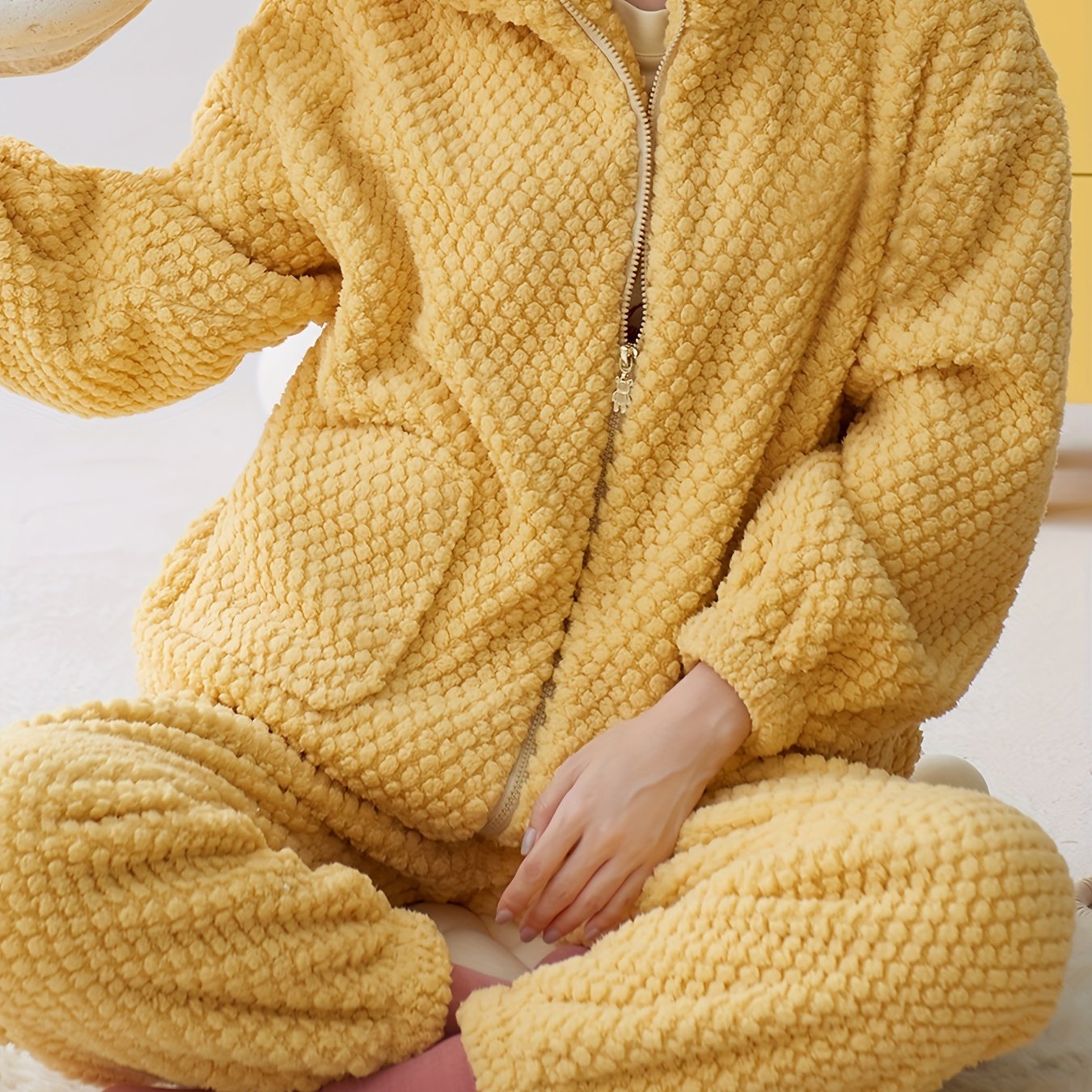 Women's Teddy Bear Plush Pajamas Soft & Warm Hooded Zip Up Top & Pants