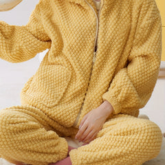 Women's Teddy Bear Plush Pajamas Soft & Warm Hooded Zip Up Top & Pants