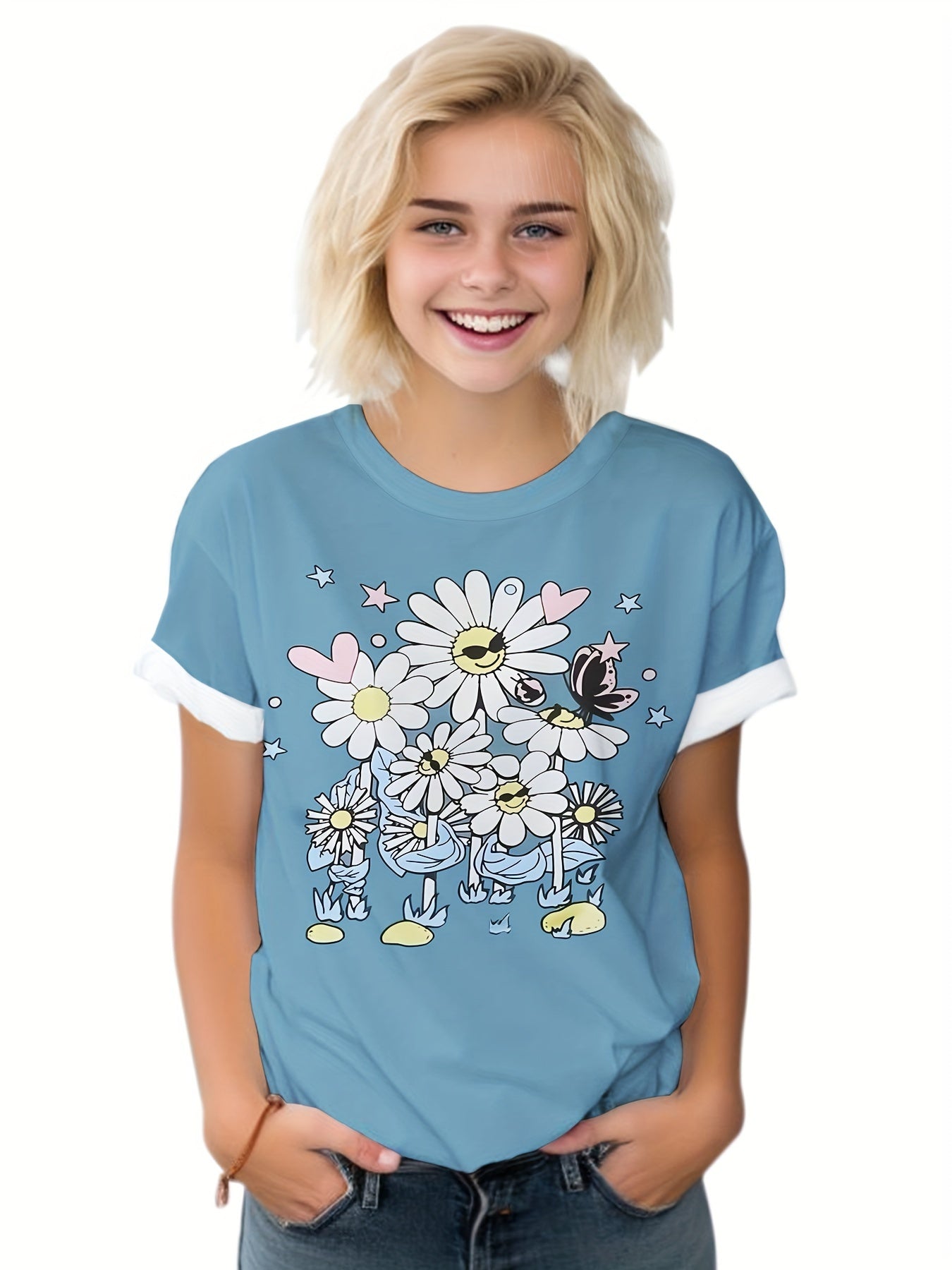 Flower Graphic Short Sleeve T shirt for Summer Sports