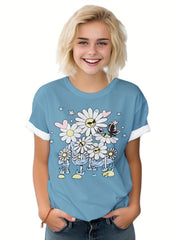 Flower Graphic Short Sleeve T shirt for Summer Sports
