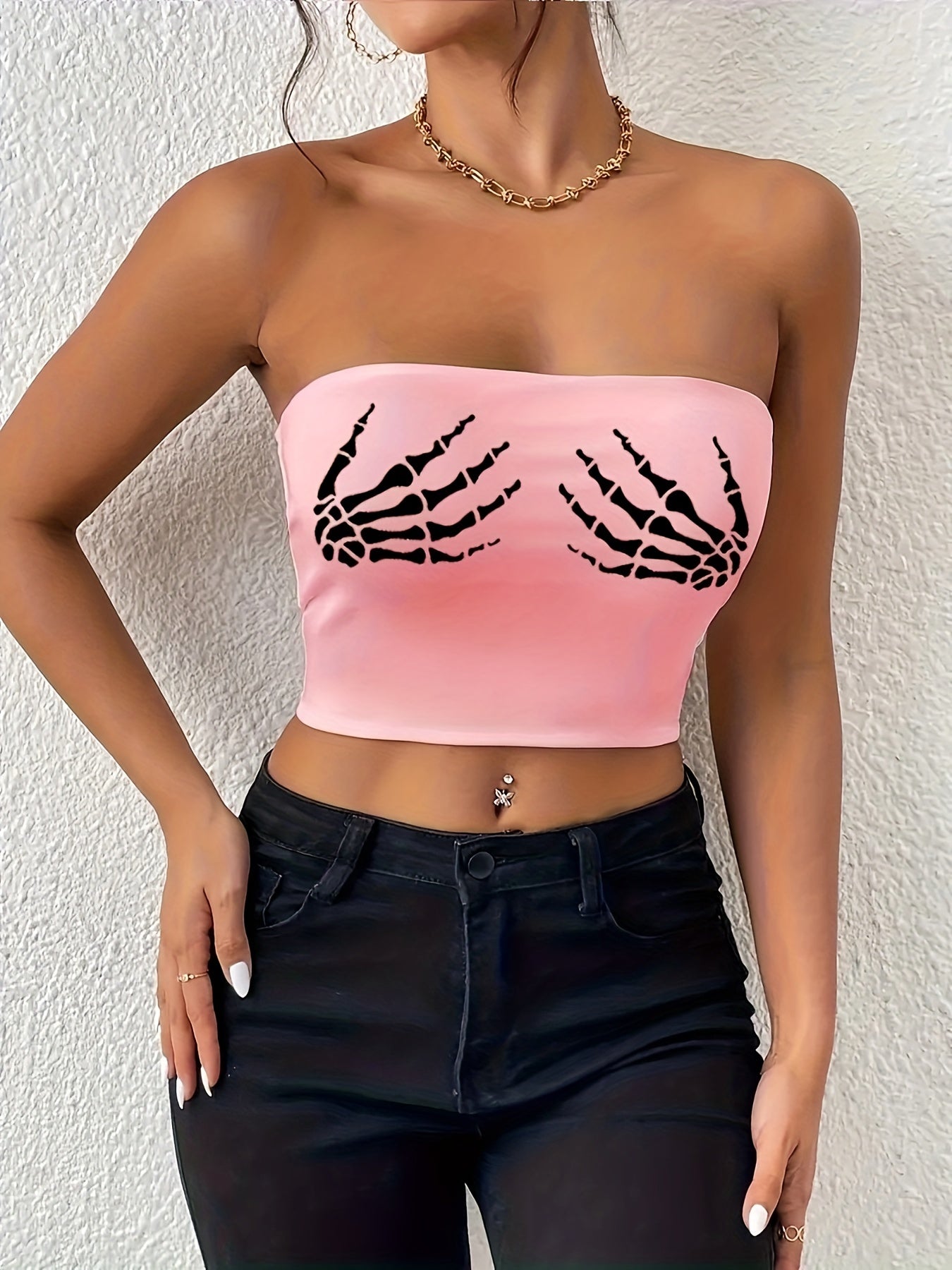 Skeleton Hand Print Crop Tube Top Women's Clothing