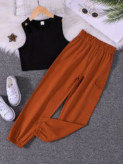 Girls Sleeveless Tank Top & Cargo Pants Set Kids Summer Clothes
