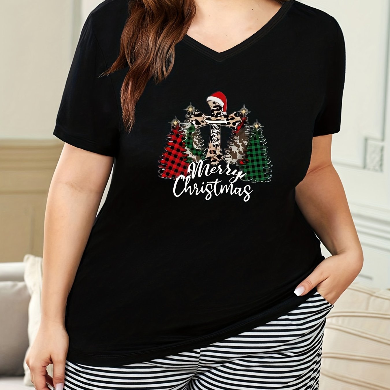 Christmas Lounge Top, Cross & Plaid Tree Print