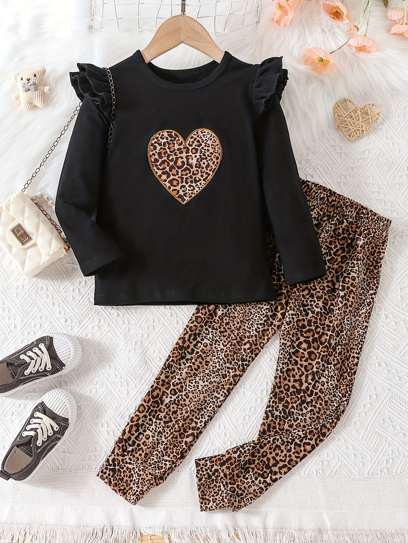 Leopard Heart Graphic Outfit Ruffled Long Sleeve Top & Pants Set
