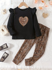 Leopard Heart Graphic Outfit Ruffled Long Sleeve Top & Pants Set