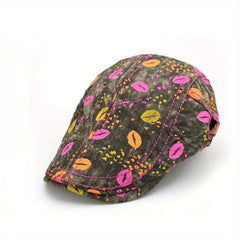 Lips Print Hip Hop Beret Washed Distressed Lightweight Painter Cap