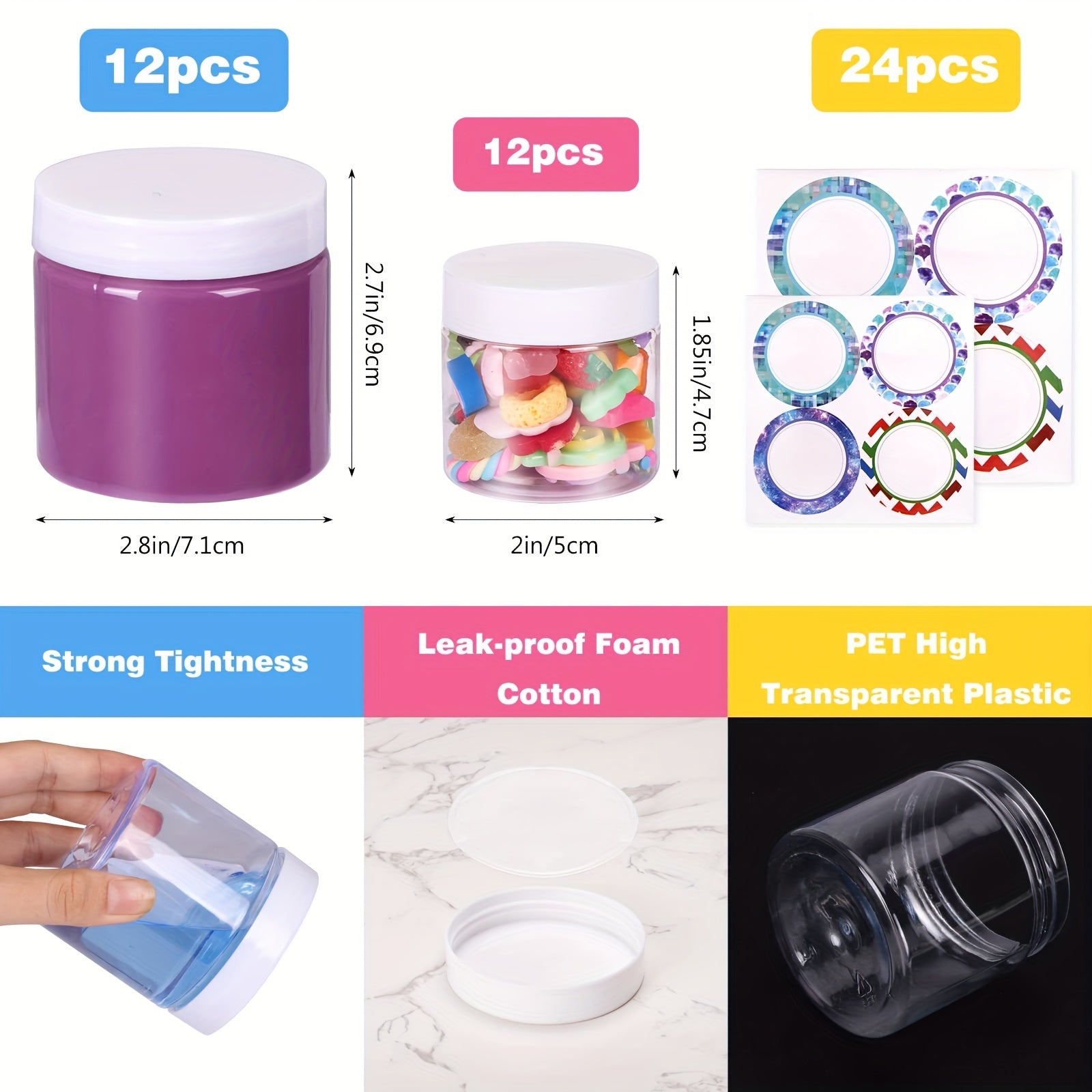 24pcs Empty Slime Containers 12 6oz and 12 2oz Plastic Jars with Lids and Labels