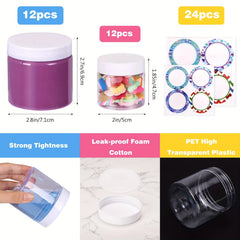 24pcs Empty Slime Containers 12 6oz and 12 2oz Plastic Jars with Lids and Labels