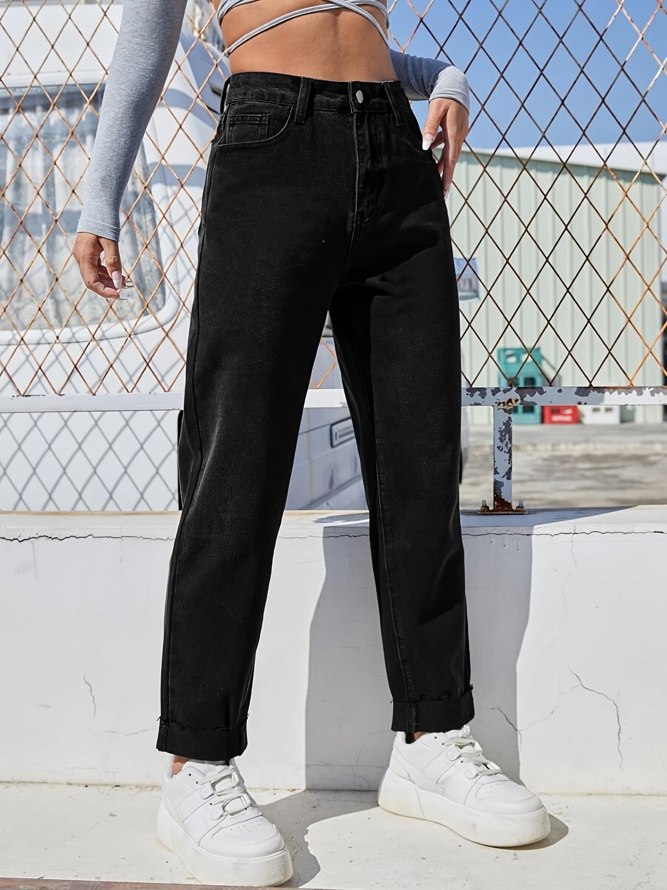 High Waist Straight Jeans Slash Pockets High Rise Loose Fit