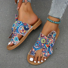 Women's Bowknot Sandals Floral Printed Slip On Toe Loop Casual Flat Summer Shoes