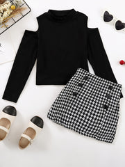 Girls Cold Shoulder Long Sleeve Top Houndstooth Skirt Set