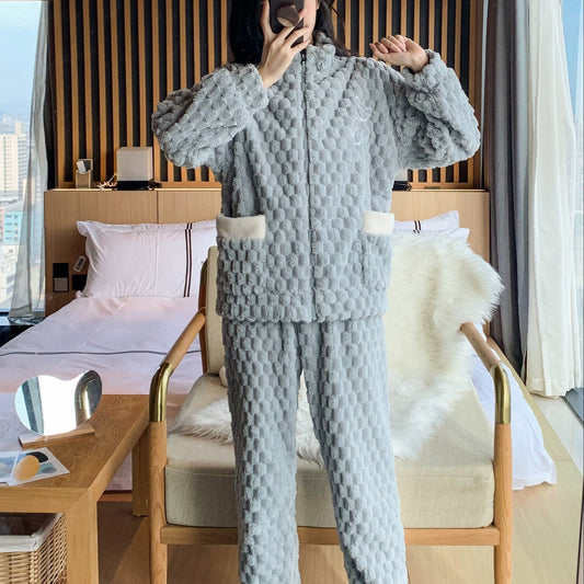 Bear Print Fuzzy Lounge Set Long Sleeve Zipper Top & Pants