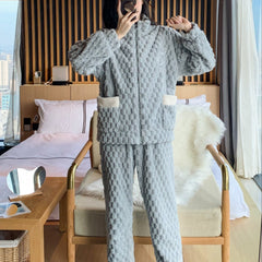 Bear Print Fuzzy Lounge Set Long Sleeve Zipper Top & Pants