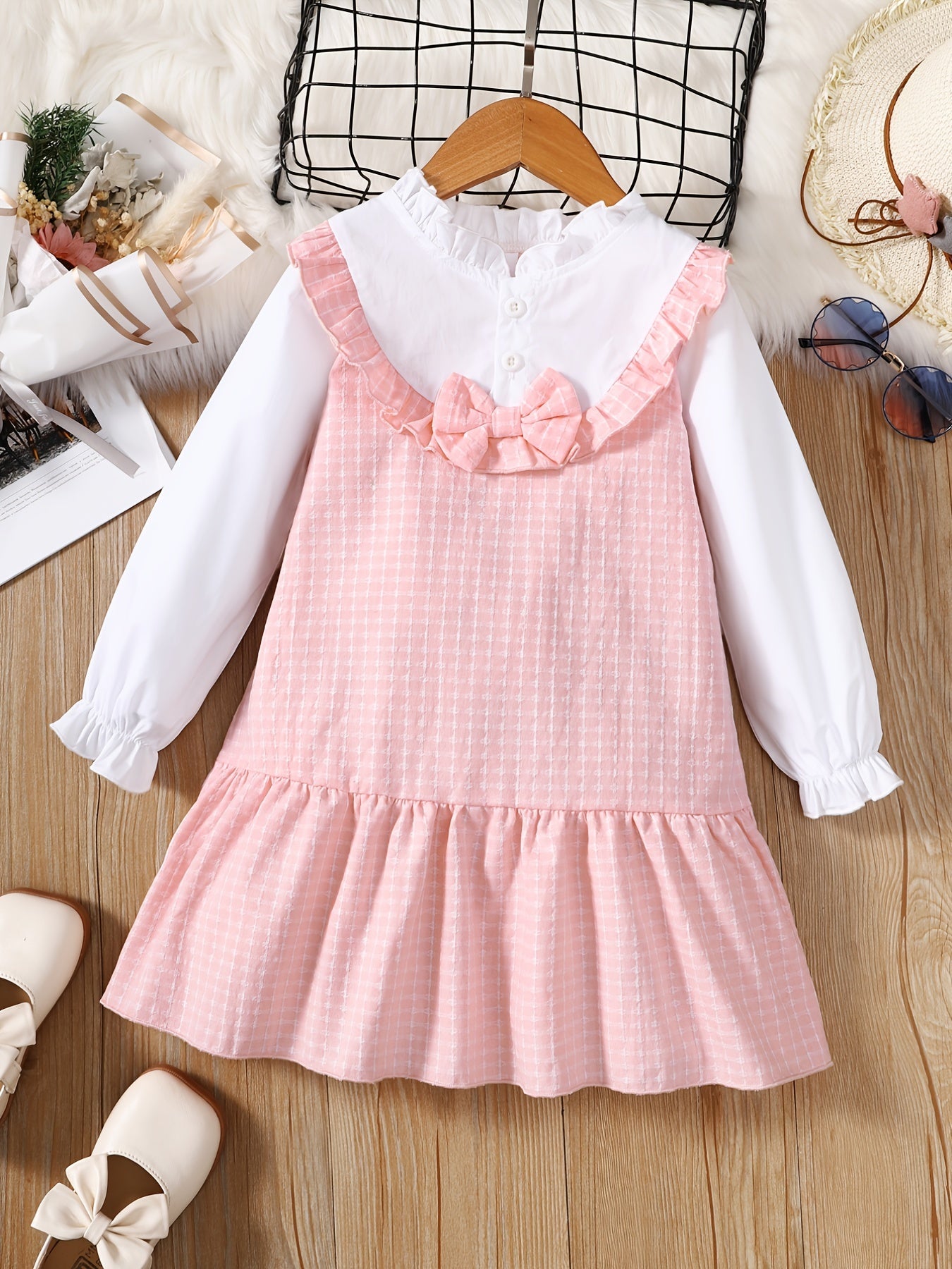 Toddler Girls Plaid Bowknot Dress Long Sleeve Fall Winter Outfit