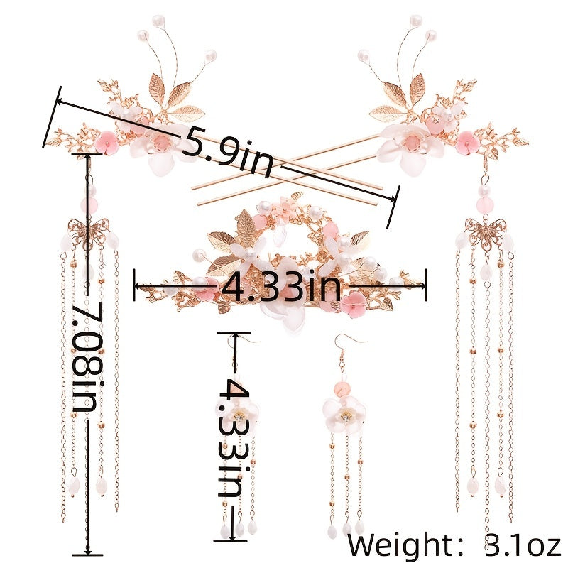 Chinese Pearl Hairpin Earring Tiara Set Women Hair Accessory
