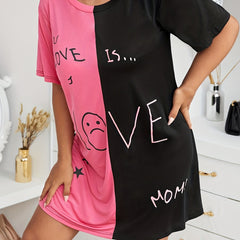 Colorblock Sleep Dress Short Sleeve High Stretch Nightdress