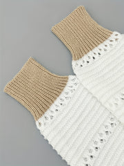 Block Crochet Knit Sweater Casual Crew Neck Long Sleeve Sweater