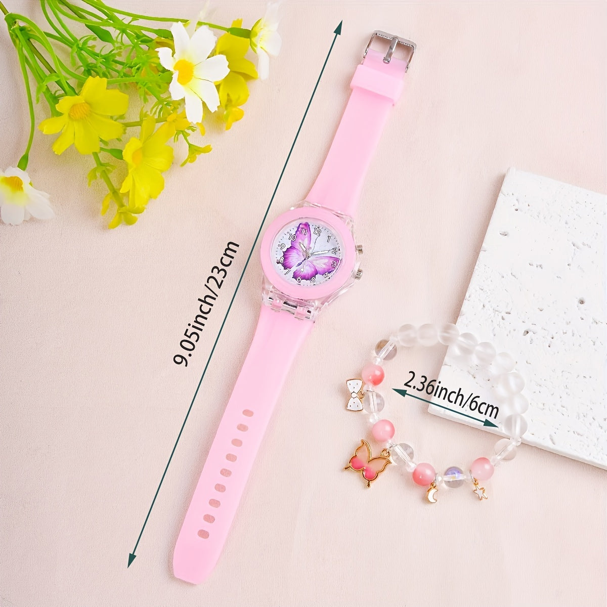 Purple LED Light Watch & Beaded Bracelet Set for Kids